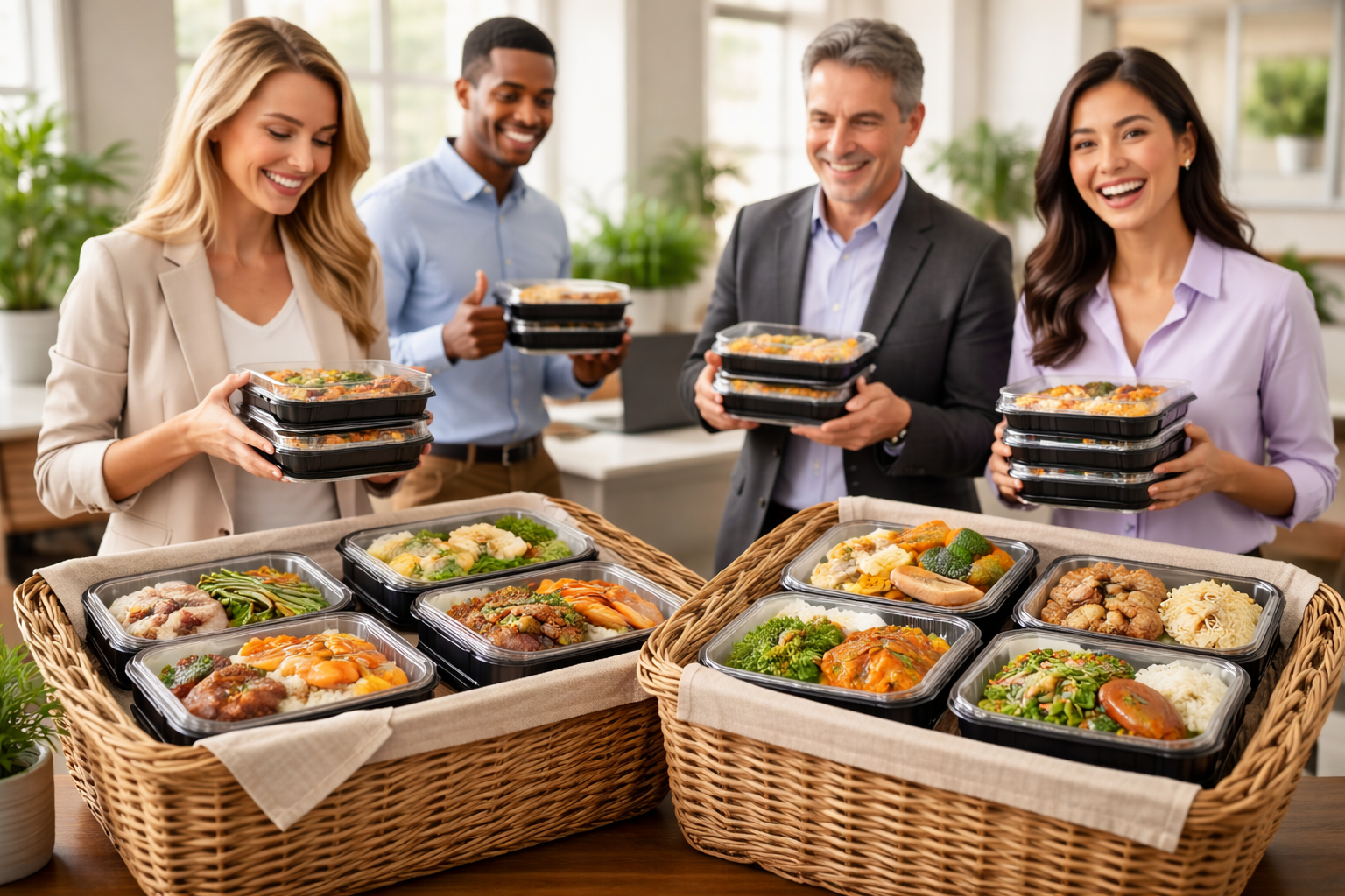 Assorted catering offerings including boxed lunches, tea party treats, and plated meals